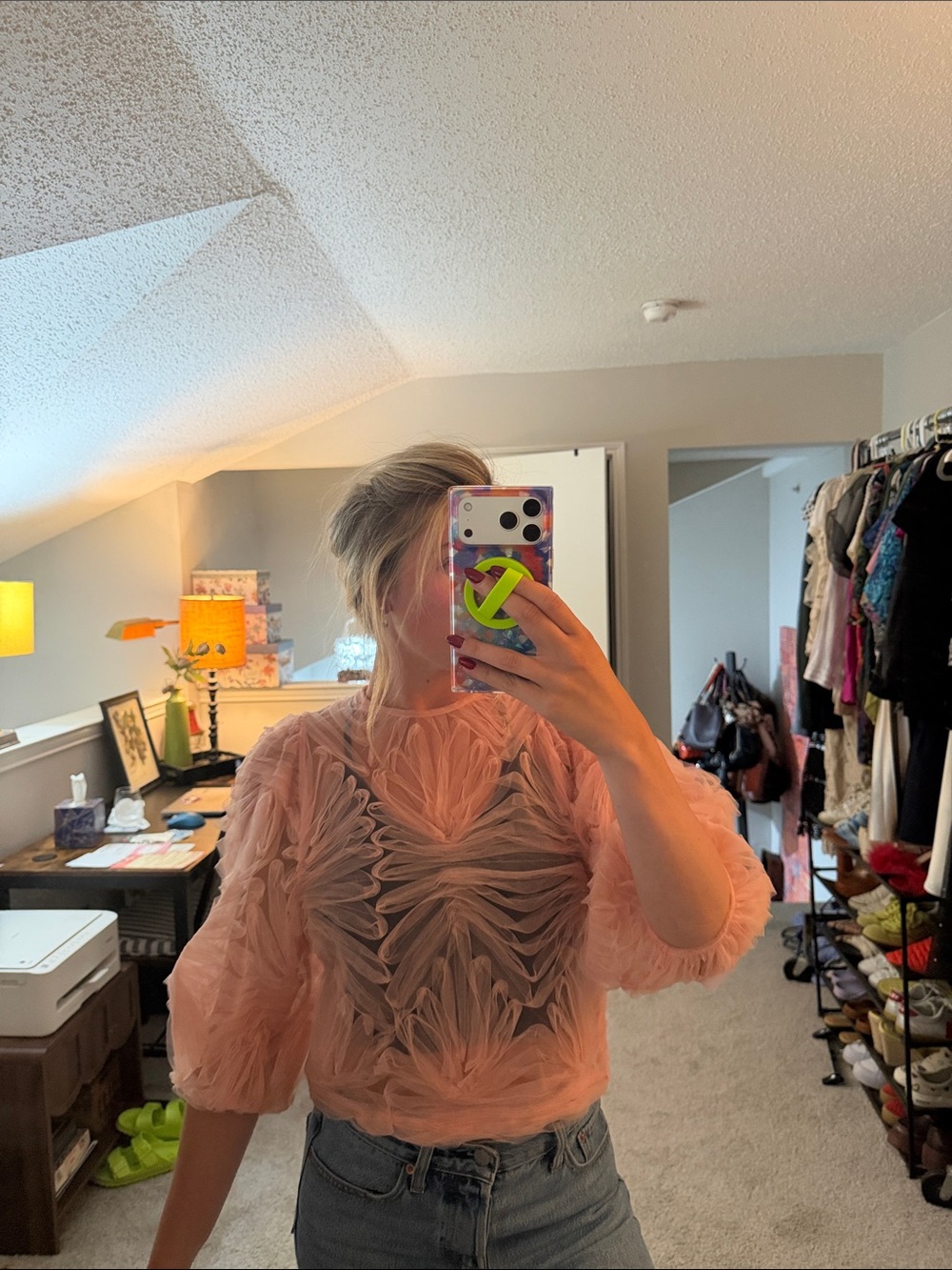 Zara Pink Feather-Textured Sheer Blouse